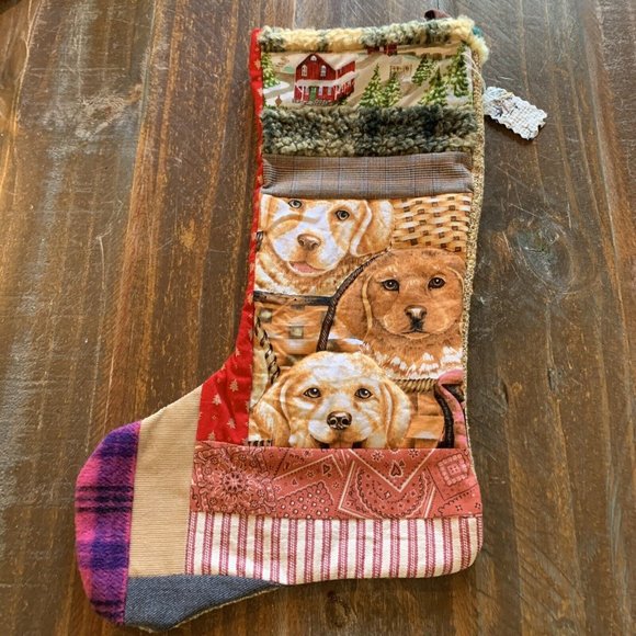 Christmas Stocking Quilted Patchwork Fabric Dog Puppies NEW 18” Handmade - Picture 1 of 5